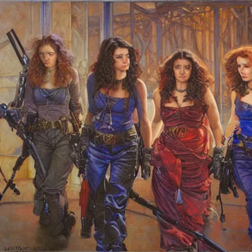 Image similar to portrait of an outlaw female gang, by donato giancola.