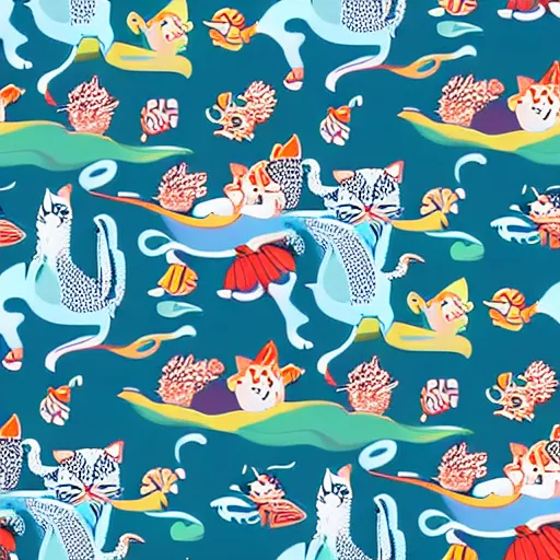 Prompt: exquisite fresh ocean print of a cat in tokyo aya takano color style, 4 k, super detailed, modern, 4 k, symmetrical with beautiful and high resolution elements developed into seamless patterns