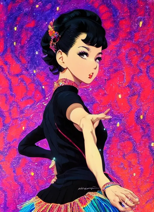 Image similar to a beautiful dancer with black hair in 1960's fashion, ballroom background, intricate, highly detailed, digital painting, artstation, official media, anime key visual, concept art, rich vivid colors, ambient lighting, sharp focus, illustration, art by Artgerm, Makoto Shinkai, Ilya Kuvshinov, Lois Van Baarle, and Rossdraws