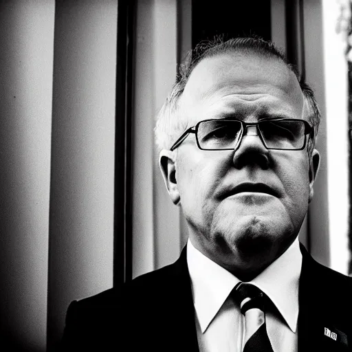 Prompt: ultrarealistic photo of former prime minister scott morrison lurking in the shadows in the style of film noir, wide angle, 8 k, raw, unedited, symmetrical balance, in - frame