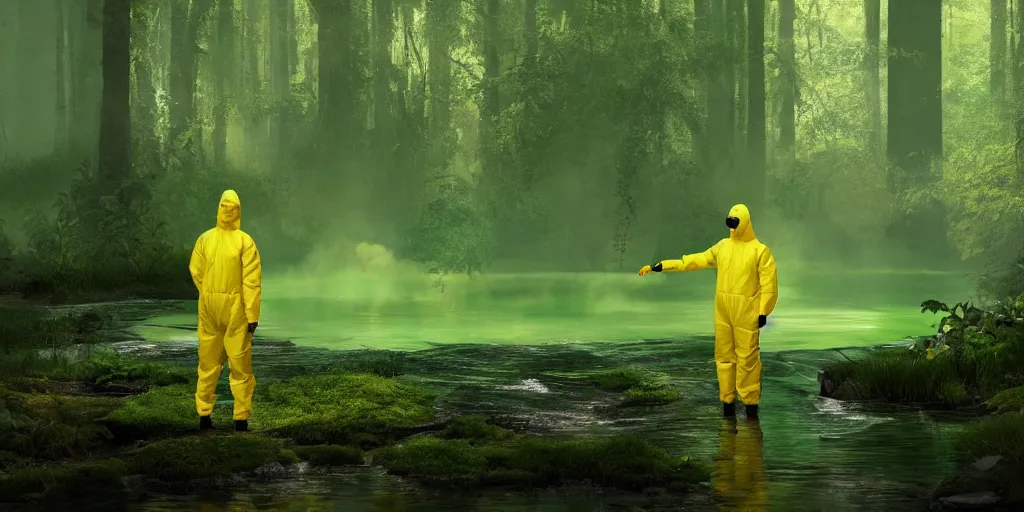 Prompt: a man in a yellow hazmat suit pours glowing green liquid into a magical river and stands in a detailed forest, painting, concept - art!!, rendering, octane, redshift, cinematic composition, volumetric lighting