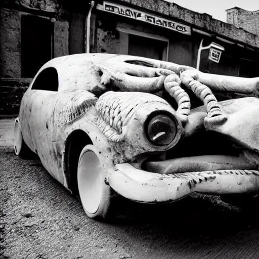 Image similar to car made out of flesh and bones, gorey, awful, cinematic, pretty