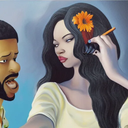 Image similar to stunning, coherent, beautiful painting, still of a creepy man following a beautiful black bbw woman in wal-mart, she is taking a selfie of the creepy man is following her, 3d, in the style of pixar, comic book style, 3d, highly detailed, highly detailed, sharp focus, bokeh, depth of field, 16k resolution, Unreal Engine 5, coherent, cinematic lighting, photorealistic, by Zhang Jingna