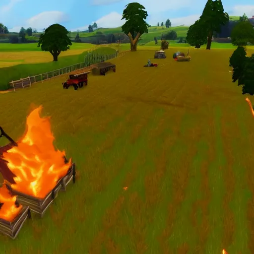 Prompt: a small vintage farm on fire in a corn field in the style of sims 4, gameplay footage