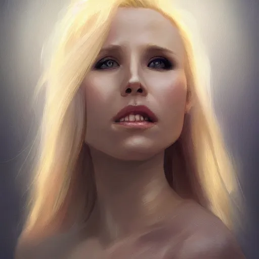 Prompt: woman with blonde hair like kristen bell, portrait, oil painting, intricate complexity, rule of thirds, trending on pixiv, by Charlie Bowater, 8k character concept, dramatic lighting