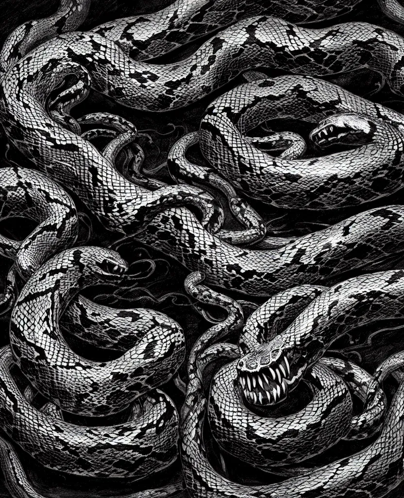 Image similar to a painting of scary snakes made of black colored fire, dark colors, sinister atmosphere, dramatic lighting, cinematic, establishing shot, extremely high detail, photo realistic, cinematic lighting, pen and ink, intricate line drawings, by Yoshitaka Amano, Ruan Jia, Kentaro Miura, Artgerm, post processed, concept art, artstation, matte painting, style by eddie mendoza, raphael lacoste, alex ross,