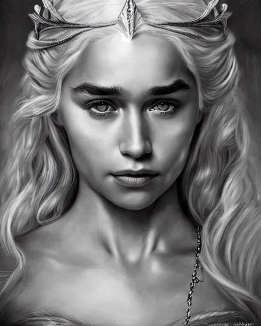 Image similar to pencil drawing of beautiful daenerys targaryen as greek goddess aphrodite with arrowhead jewelry, beautiful piercing eyes, beautiful blonde hair flying in the wind, hyper realistic face, in the style of greg rutkowski, fantasy, amazing detail, epic, elegant, smooth, sharp focus, from the front