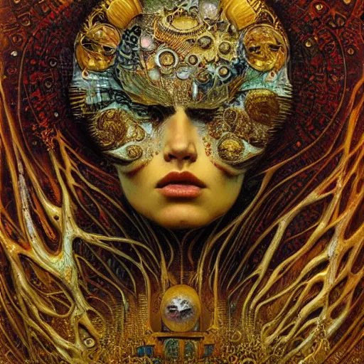 Image similar to Visions of Hell by Karol Bak, Jean Deville, Gustav Klimt, and Vincent Van Gogh, visionary, otherworldly, fractal structures, ornate gilded medieval icon, third eye, spirals