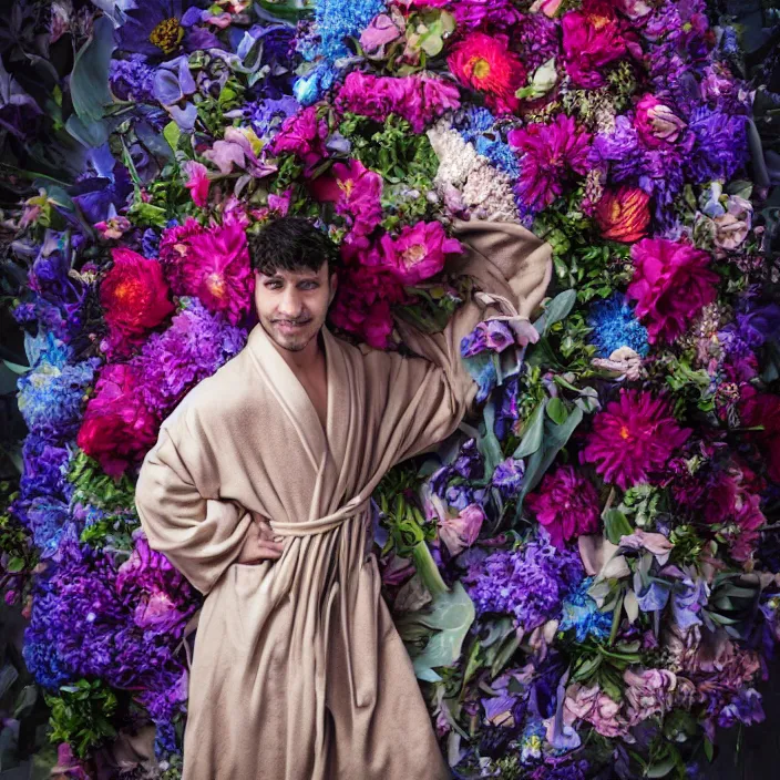 Prompt: an alien wearing a robe made of flowers, by Omar Z. Robles, CANON Eos C300, ƒ1.8, 35mm, 8K, medium-format print