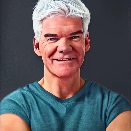 Image similar to Phillip schofield with the physique of a body builder, photorealistic, highly detailed, 4k, eye contact, digital painting,