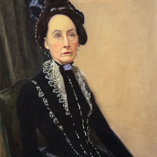 Image similar to portrait of a victorian lady in a black velvet dress, oil, realism, large strokes of paint