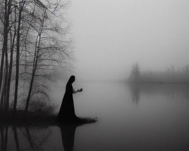 Image similar to lake by Andrei Tarkovsky, lady in long dress, mist, lomography effect, photo, monochrome, photo blurring, 35mm