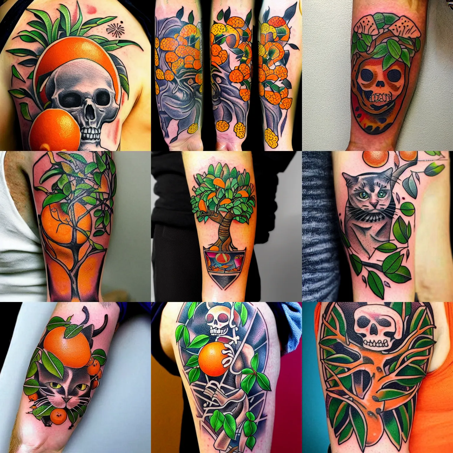 Prompt: high quality neo traditional tattoo of an orange tree growing out of a cat skeleton, colorful design