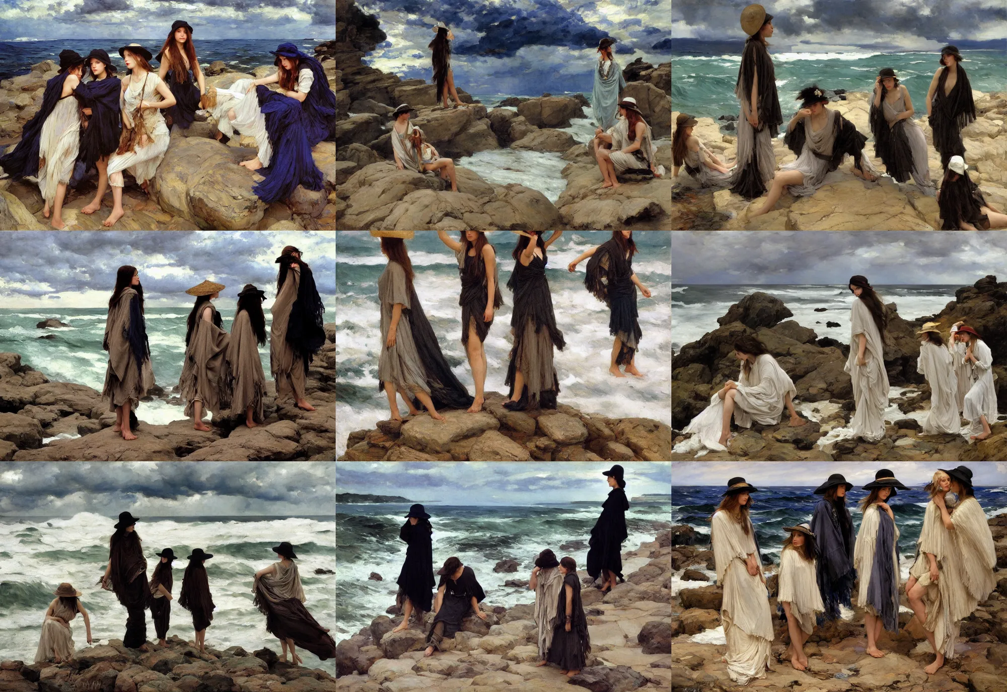 Prompt: dramatic light, thunder clouds in the sky, stormy sea by frederick judd waugh, simple form, brutal shapes, shaman, portrait of three of fashionable young womans wearing rich jewerly hat and boho poncho, pixiv, lying pose on stones, 1970s fashion, anime, studio ghiblil, artwork by Joaquin Sorolla and john william waterhouse and Denis Sarazhin and James Jean and klimt and rhads and van gogh and Dean Ellis and Detmold Charles Maurice