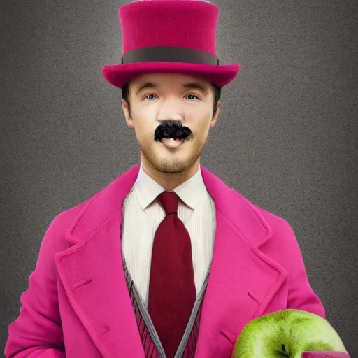 Prompt: son of man but holding the apple and wearing a pink overcoat and bowler hat