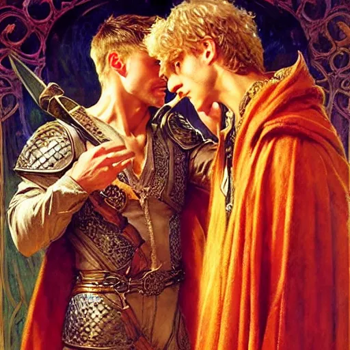 Image similar to handsome arthur pendragon in love with handsome merlin the mage. merlin is also in love with arthur. highly detailed painting by gaston bussiere, craig mullins, j. c. leyendecker