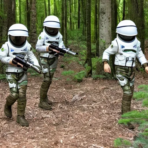 Prompt: a squad of space scouts wearing camo uniforms with white armor and helmets exploring a forest planet