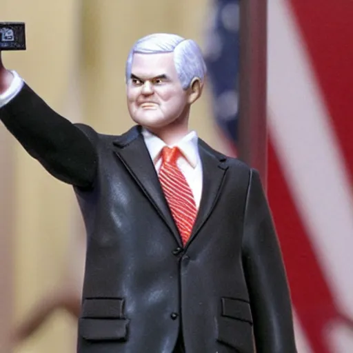 Prompt: Newt Gingrich holding a George W. Bush action figure. AP photo.