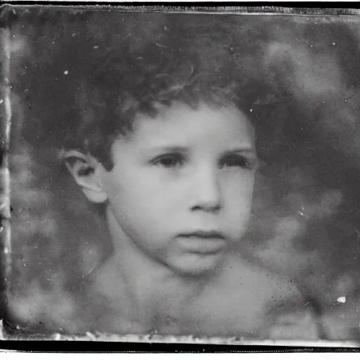 Prompt: underwater tintype photo of boy in a cave