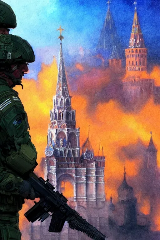 Image similar to special forces soldier with ukrainian blue and yellow shoulder patch watches red square kremlin burn in the background, d & d, fantasy, bright atmosphere, volumetric lights, intricate, elegant, extremely detailed, digital painting, artstation, concept art, matte, smooth, sharp focus, hyper realistic, illustration, art by artgerm and greg rutkowski and alphonse mucha