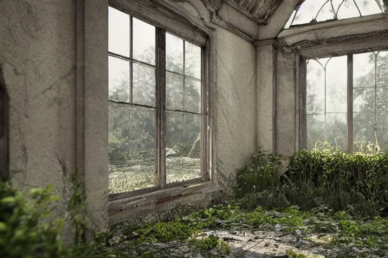 Image similar to ruined, abandoned polish mansion, seen from inside and overgrown by plants. First light of day falls through the broken windows. Dirt, leaves on ground. Octane render. Substance painter. Zbrush. Trending on artstation. 8K. Highly detailed.