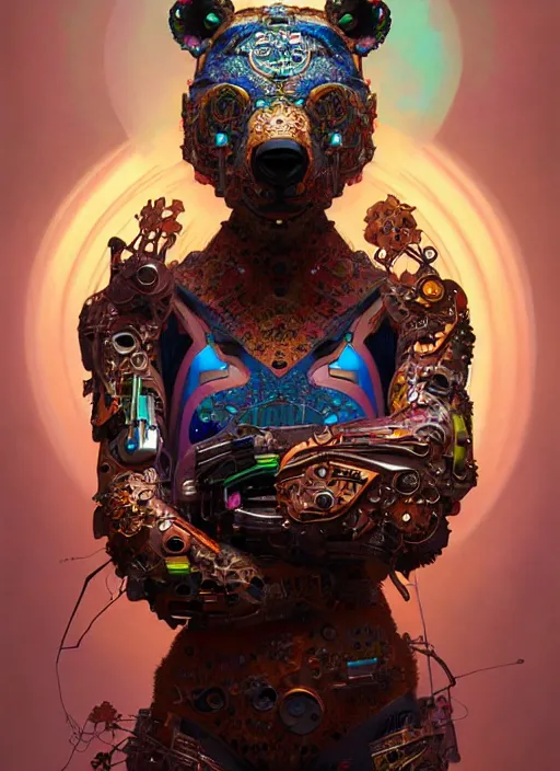 Image similar to organic cyborg, asian brightly coloured bear mask opening, diffuse lighting, fantasy, intricate, elegant, highly detailed, lifelike, photorealistic, digital painting, artstation, illustration, concept art, smooth, sharp focus, art by John Collier and Albert Aublet and Krenz Cushart and Artem Demura and Alphonse Mucha