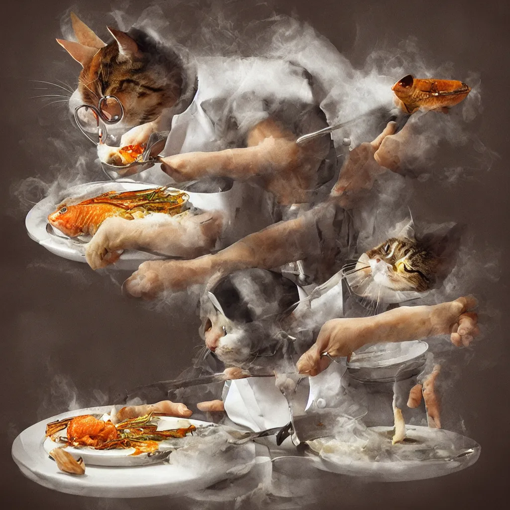 Prompt: “a cat chef named Alton Gray cooking a fish, high-definition, digital art, 8k”