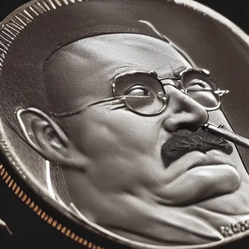 Prompt: A photograph of an unwrapped chocolate coin that is engraved with a portrait of a young leon redbone smoking a cigar and wearing a sea captain's hat, highly detailed, close-up product photo, depth of field, sharp focus, appetizing, soft lighting
