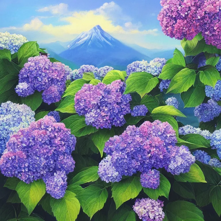 Image similar to a beautiful painting of hydrangea and mountain landscape, clematis theme logo, clematis theme banner, clematis design, clematis in the deep sea, clematis like stars in the sky, hydrangea, trending on artstation, warm light, lovely and cute, fantasy art, 8 k resolution, highly detailed