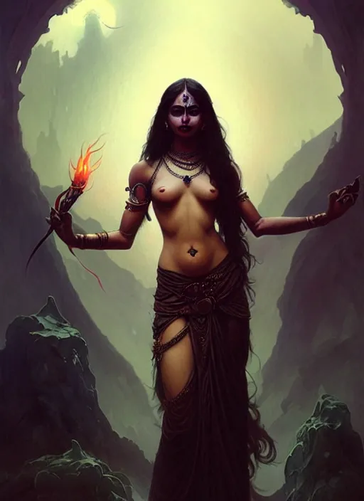 Image similar to a beautiful cinematic female kali goddess of death, fantasy landscape, fantasy magic,, dark light night, intricate, elegant, sharp focus, illustration, highly detailed, digital painting, concept art, matte, art by WLOP and Artgerm and Greg Rutkowski and Alphonse Mucha, masterpiece