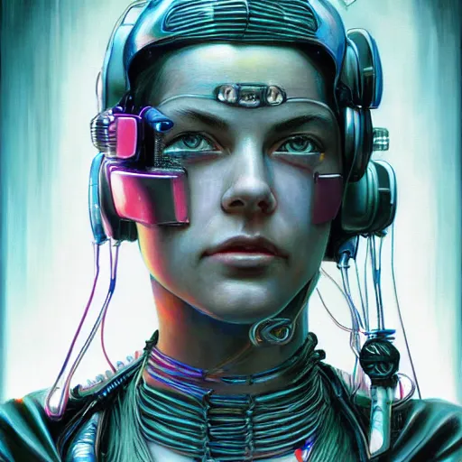 Image similar to a hyperrealistic portrait painting of a beautiful female cyberpunk warrior, by alan moore, highly detailed,