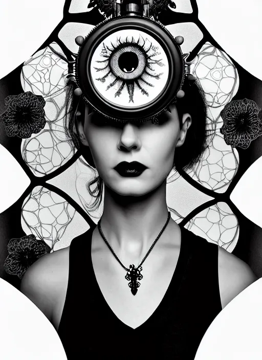 Prompt: black and white macabre masterpiece profile portrait, one steampunk eye silver hexagonal meshes floral biomechanical beautiful young female cyborg, big monocular, volumetric light, hibiscus flowers, by hg giger, rim light, big gothic fashion pearl embroidered collar, 8 k