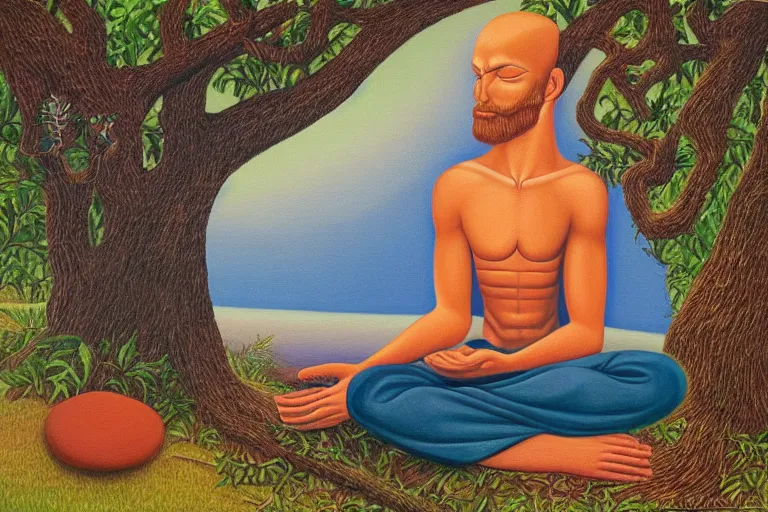 Prompt: painting of a peaceful man meditating under a tree by alex grey, acrylic art, calm, soothing, cosy, elegant, soft light,