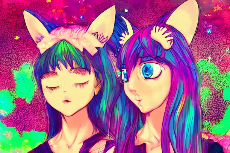 Prompt: girl with cat ears, psychedelic, lsd, trending on artstation, anime style, 4 k