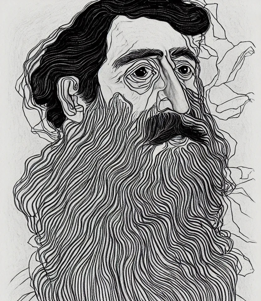 Image similar to detailed line art portrait of rabindranath tagore, inspired by egon schiele. caricatural, minimalist, bold contour lines, musicality, soft twirls curls and curves, confident personality, raw emotion