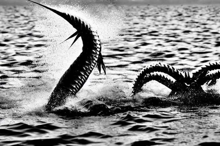 Image similar to a real life gyarados swimming in a lake, sight proof, black and white, blurry, old camera, grainy, motion blur, unfocused, full body shot, wide angle