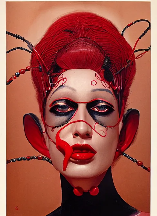 Image similar to an 8 0 s portrait of a woman with dark eye - shadow and red lips with dark slicked back hair, a mask made of wire and beads, dreaming acid - fueled hallucinations by serge lutens, rolf armstrong, delphin enjolras, peter elson, red cloth background