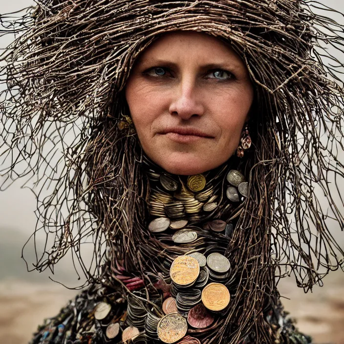 Image similar to closeup portrait of a woman wearing a cloak made of cold coins and wire, standing in a landfill of garbage and junk, by Annie Leibovitz and Steve McCurry, natural light, detailed face, CANON Eos C300, ƒ1.8, 35mm, 8K, medium-format print