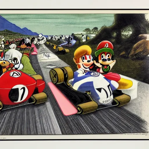 Image similar to a james tissot woodblock print of mario kart 6 4