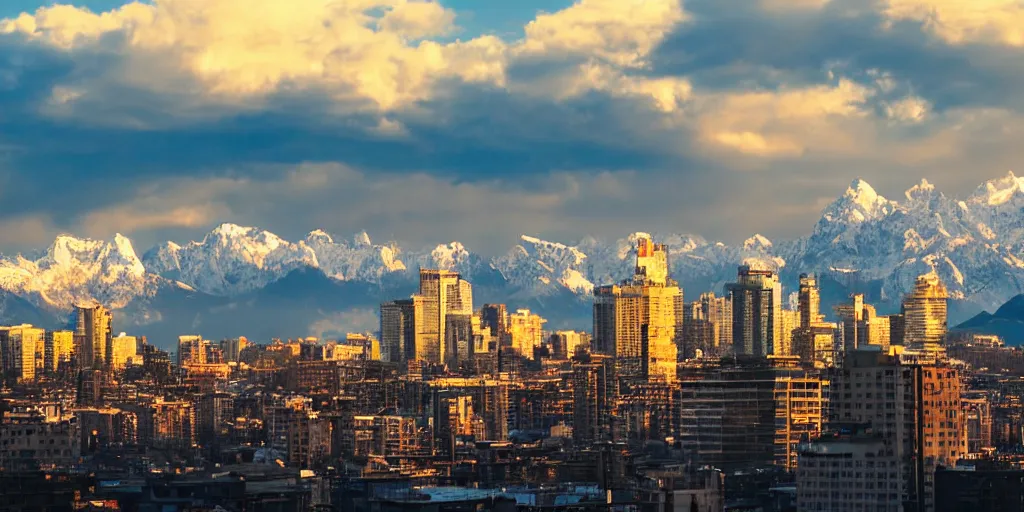 Prompt: City view, high rises with snow-capped mountains in the background, photograph, photorealism, atmospheric light, clouds, sunset time