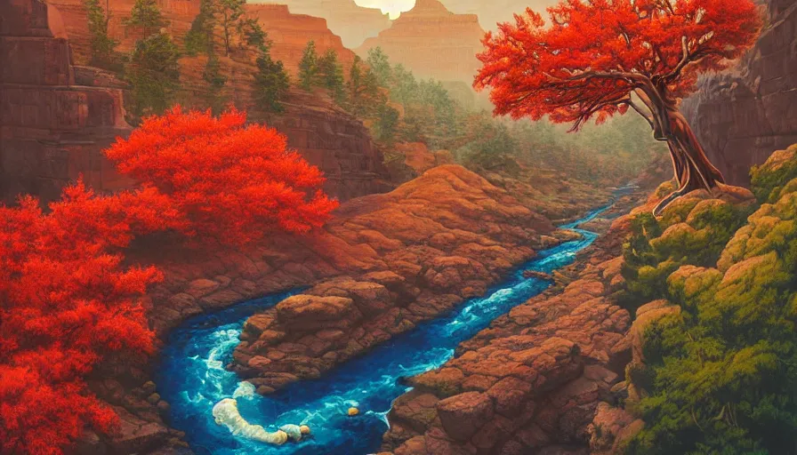 Image similar to single red maple tree growing in grand canyon, stream, tristan eaton, victo ngai, artgerm, rhads, ross draws, highly detailed, masterpiece