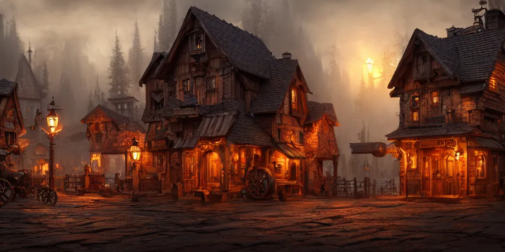 Image similar to a small steampunk wooden village, rich, cyborgs, dark aesthetic, soft colours, natural, steam, big clocks, concept art, octane render, unreal engine, in the style of luca guadagnino, highly detailed, high quality, artstation, digital art, 8 k hdr, cinematic, dramatic lighting, scenic, rich colour scheme