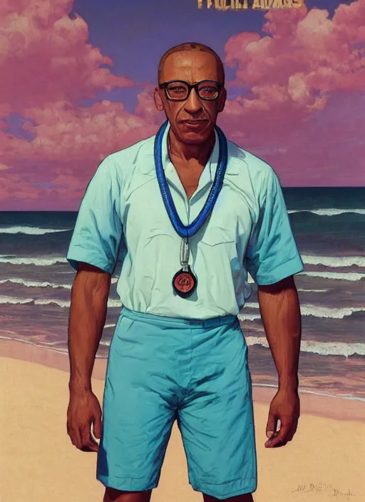 Image similar to portrait Gus Fring as sea lifeguard on the beach, full length shot, shining, 8k highly detailed, sharp focus, illustration, art by artgerm, mucha, bouguereau