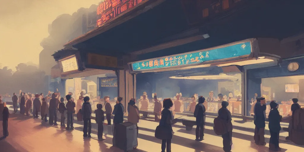 Image similar to queue at a ticketing counter in an old cinema, early morning, detailed matte painting, low angle view, telephoto lens, bokeh, studio ghibli, artstation