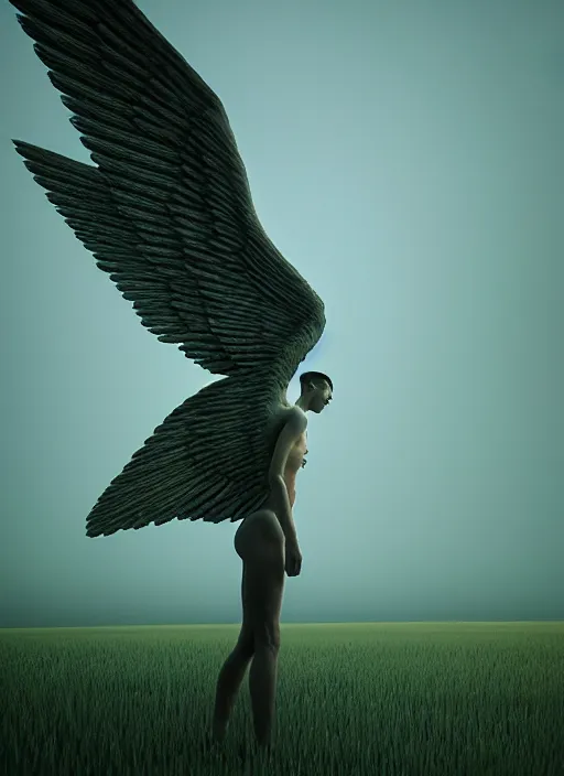 Image similar to beautiful angel with fully spread wings floating in the air!!, highly intricate wings!, cinematic lighting, art by zdislav beksinski, rendered in unreal 5,