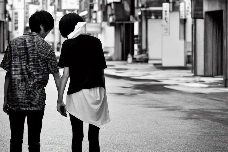 Image similar to still photo of two japanese couple holding hands on the street, black and white color aesthetic, highly detailed, photorealistic portrait, bright studio setting, studio lighting, crisp quality and light reflections, unreal engine 5 quality render