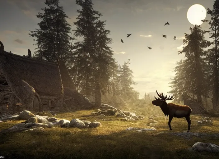 Prompt: a viking riding a moose walks in the ruins of a viking village, horror, dramatic lighting, dawn, by caspar david friedrich, unreal engine 5