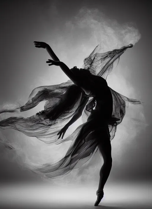 Image similar to a Photorealistic dramatic hyperrealistic render of a beautiful Female smoke dancer by Ken Brower and Deborah Ory of NYC Dance project,Lois Greenfield,Flowing cloth and smoke,Beautiful dynamic dramatic dark moody lighting,volumetric,shadows,cinematic atmosphere,Octane render,8K