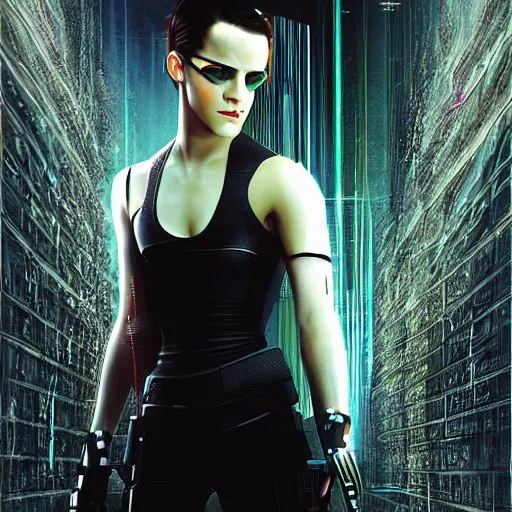 Image similar to emma watson as a cyborg in the matrix, digital art, detailed, painting, fantasy, sci fi