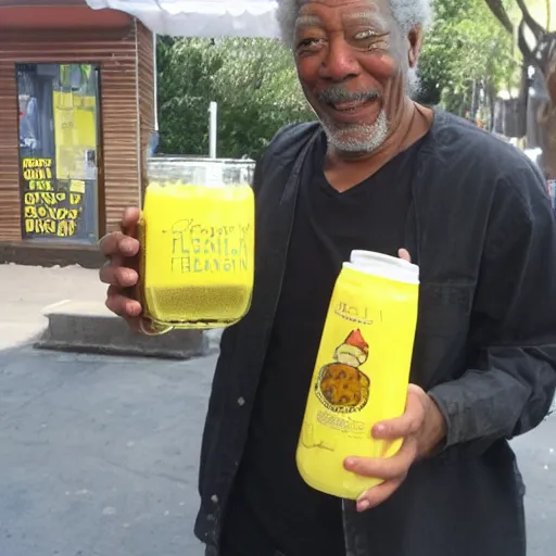 Prompt: happy morgan freeman selling free lemonade